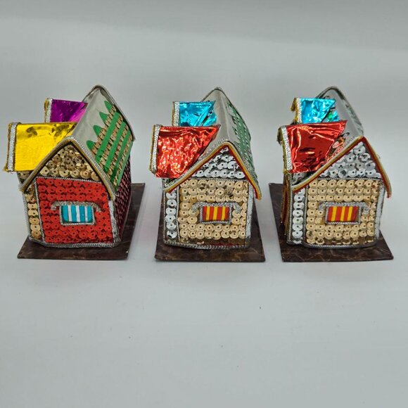 Lot of 5 Vintage The Bombay Company Christmas Putz Sequin Trinket Box Houses - Picture 11 of 16